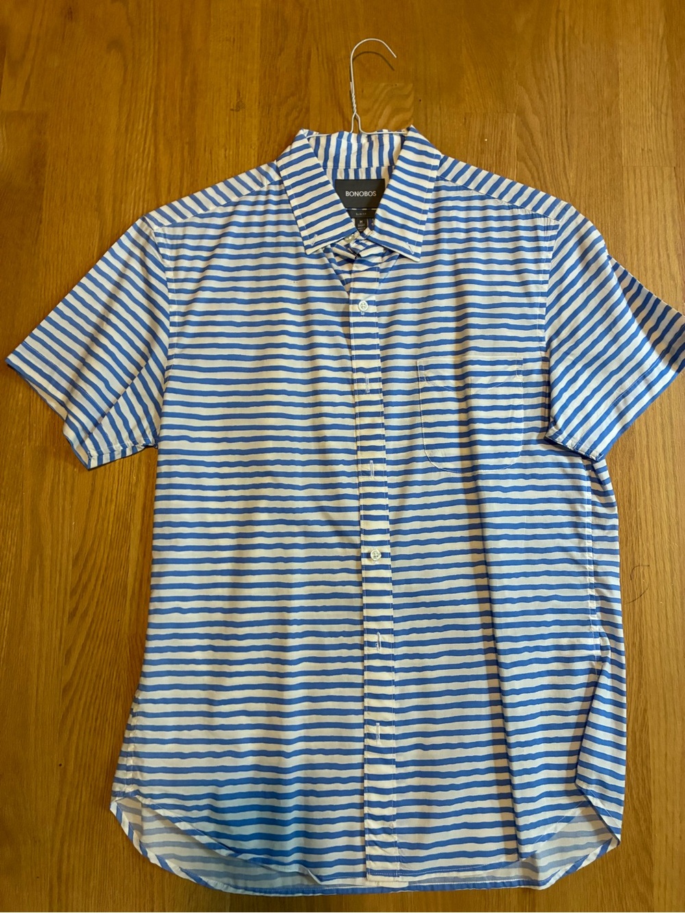 Bonobos Blue & White Horizontal Stripe Short Sleeve Button-Down Shirt